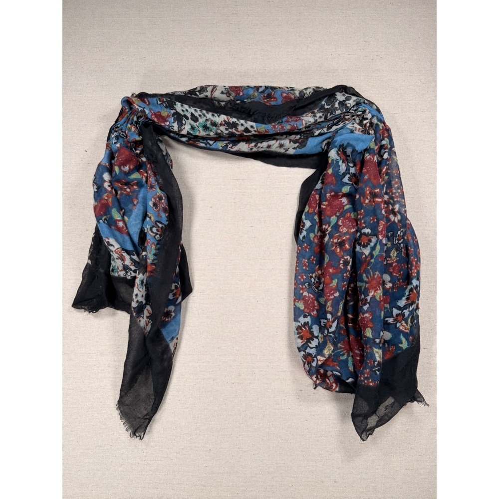 Floral Paneled Lightweight Scarf Blue Red Black Frayed Eyelash Hem Accessory